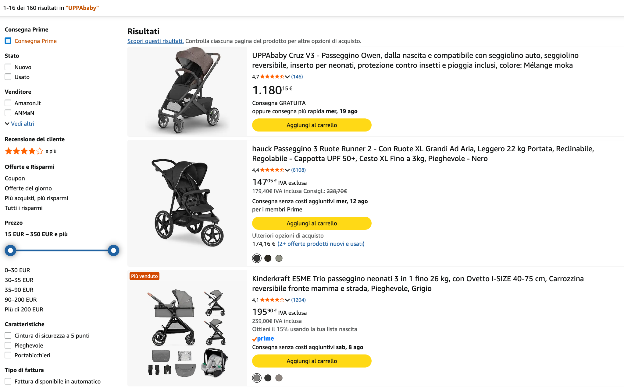 Amazon.it search results for UPPAbaby supplied by the client