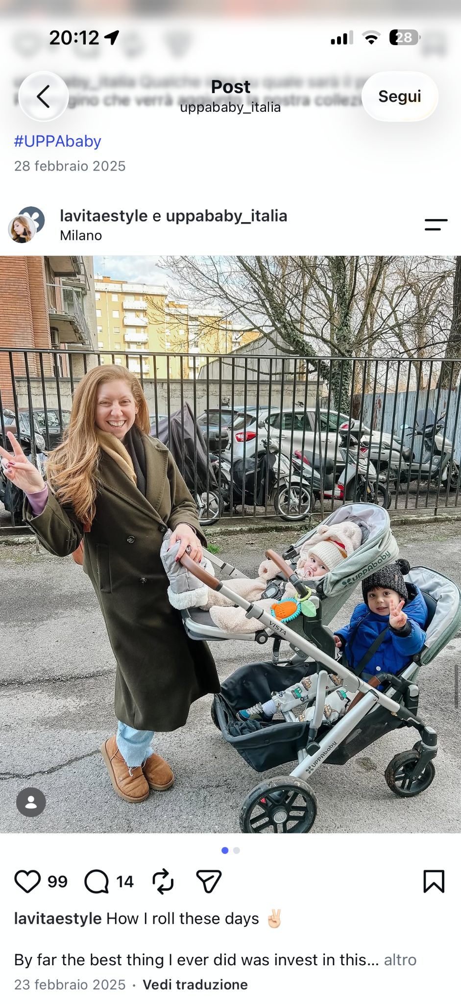 Italian Instagram collaboration post by lavitaestyle and UPPAbaby Italia