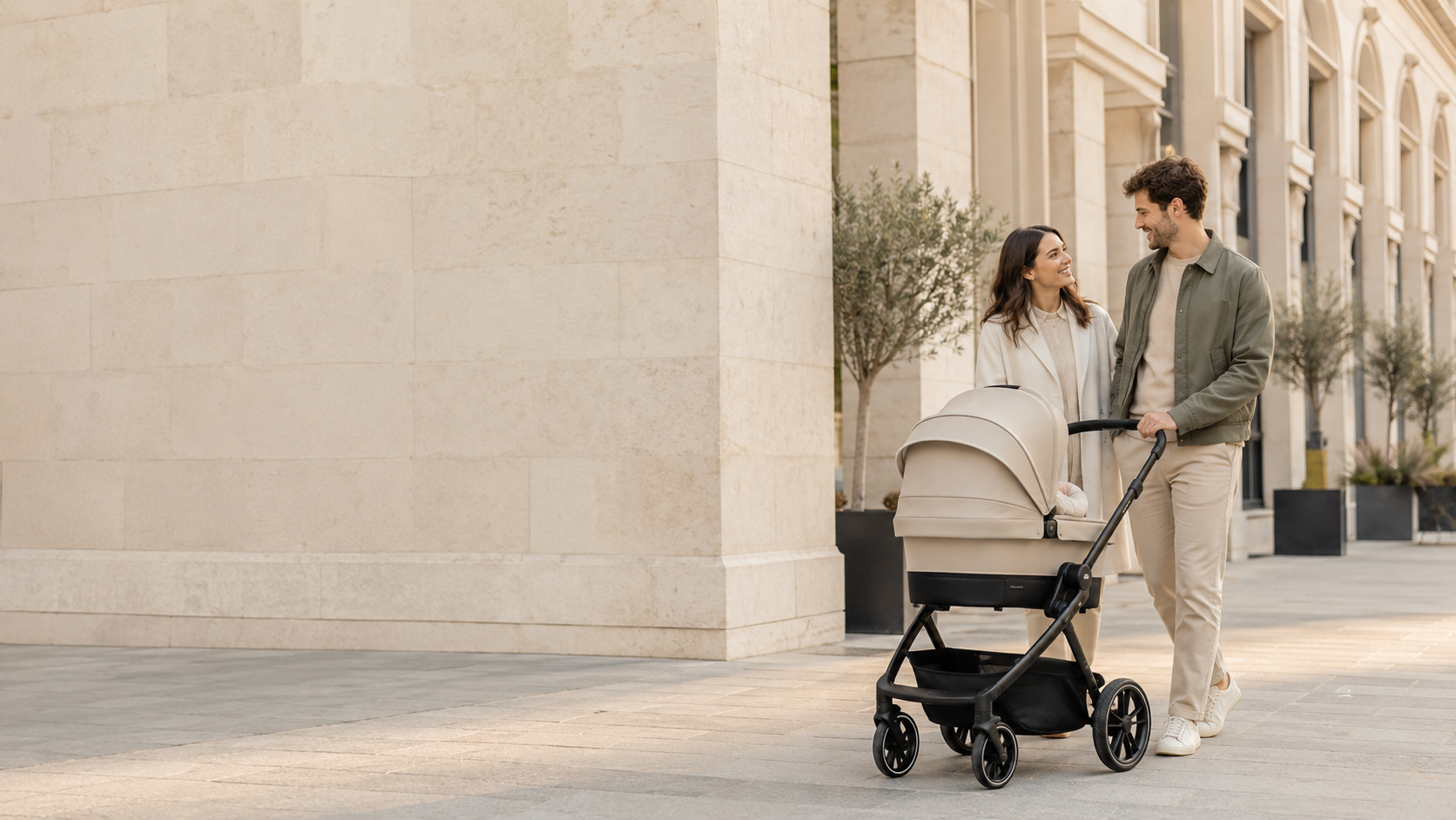 UPPAbaby stroller with a family in an Italian-inspired urban setting