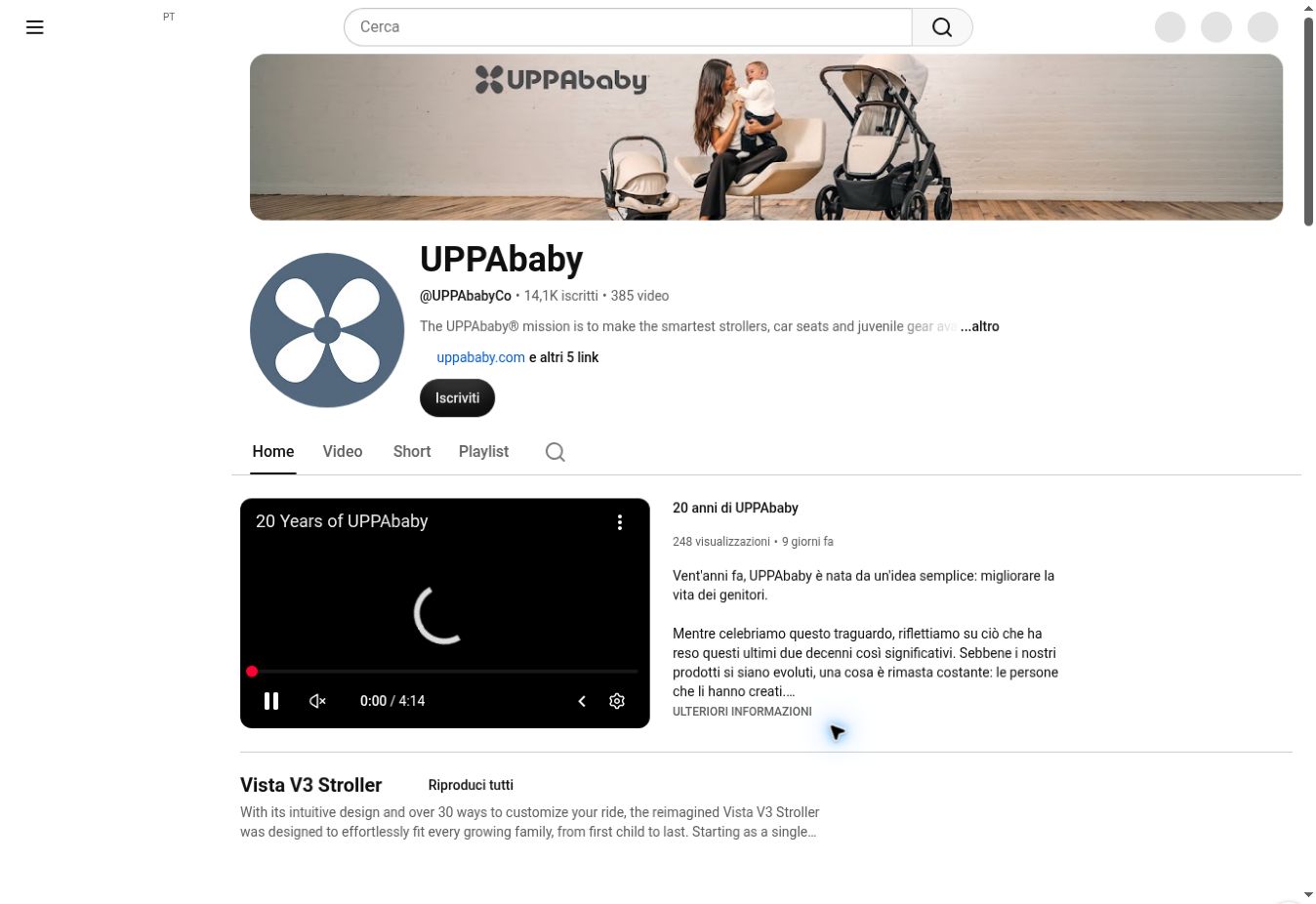 Screenshot of the official global UPPAbaby YouTube channel